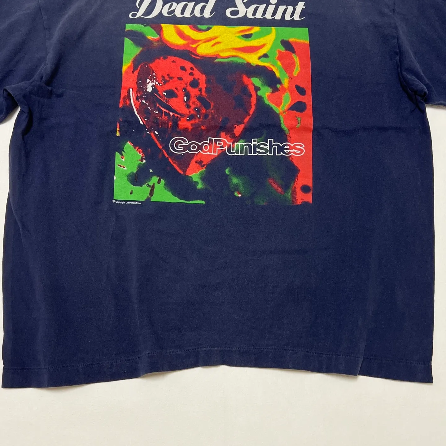 SAINT Mxxxxxx DEAD SAINT SS TEE/NAVY DEAD SAINT printed short sleeves God's Punishment TEE Washed blue S-XL Genuine consistent tube weaving without side seams High weight OE yarn fabric Assute dyeing Multiple horse fades Heavy wash water Worn holes Original consistent main mark/wash mark/little angel anti-counterfeiting mark
